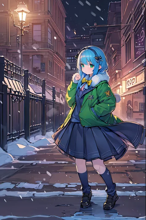 Best Quality,超A high resolution,1girl in,Solo,Full body,Snow,city,, Blue hair,Green eyes,nffsw,School uniform,bbw、Night