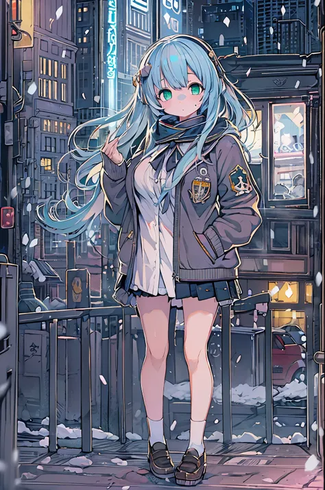 Best Quality,超A high resolution,1girl in,Solo,Full body,Snow,city,, Blue hair,Green eyes,nffsw,School uniform,bbw、Night