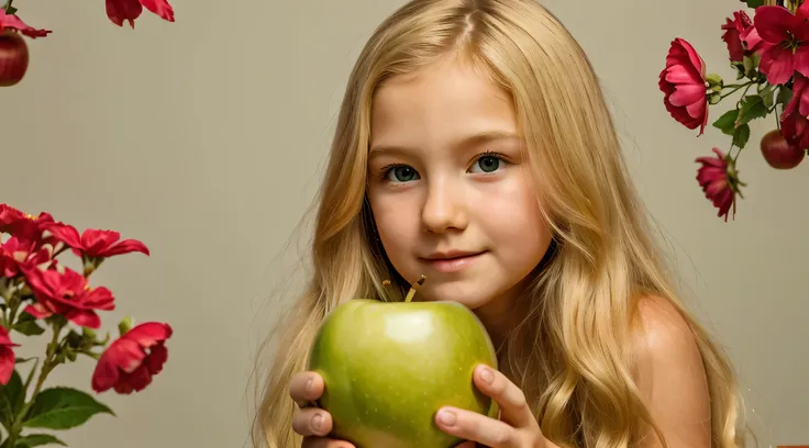 a green apple and flowers in the background, a blonde child with long hair in an apple and smells a butterfly