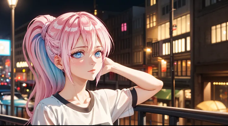 1girl, solo, Shikimori, ribbon, gym uniform, t-shirt, short sleeves ,parody, upper body, pink hair, long hair, high ponytail looking at viewer, highly detailed background, (photo realistic:1.2), detailed eyes, red eyeshadow, depth of field, symmetry eyes, ...
