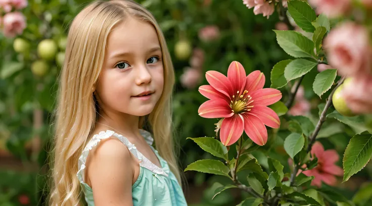 a green apple and flowers in the background, a blonde child with long hair in an apple and smells a butterfly