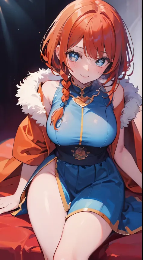 18 year old beautiful girl, blue big eyes,  Petite and slender、slightly large breast, ((scarlet orange hair,)),(Loose fluffy short braided hair), in 8K, of the highest quality, (Highly detailed head: 1.0), (Very detailed face: 1.0), (very detail hair: 1.0)...