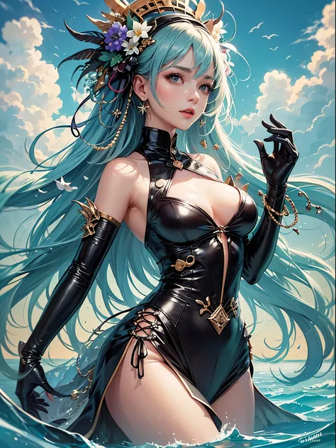 art, Unity 8k壁纸, Ultra-detailed, Beautiful and aesthetically pleasing, (s fractal art: 1.3),  flower, girls, (Hairstyles: Long hair) Ocean, Extremely detailed, Cowboy shot, The most beautiful, Seafoam, Buble, cute big breasts, ultra quality, random backgro...