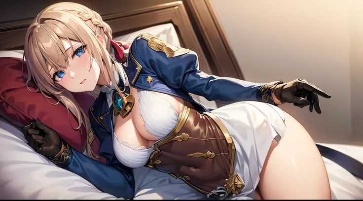 nsfw,Inserting a penis into the vagina,violet evergarden, violet evergardenはブロンドヘア,Vagina dripping semen,exposed lower body,no sensor,Realistic Vagina, Lying down,Blue eyes, hair ribbon, Red ribbons, Short hair, Braids, hair Braids, red ribbon, BREAK blue ...