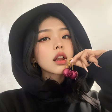 hay una mujer con una cereza en la boca, ulzzang, jennie kim, cruel korean goth girl, Chica coreana, foto de perfil, con una sudadera con capucha negra, #Oc, # Oc, Jinyoung Shin, jennie Kim, Imagen de perfil, Gongbi, Wan adorable cara coreana, BLackpink