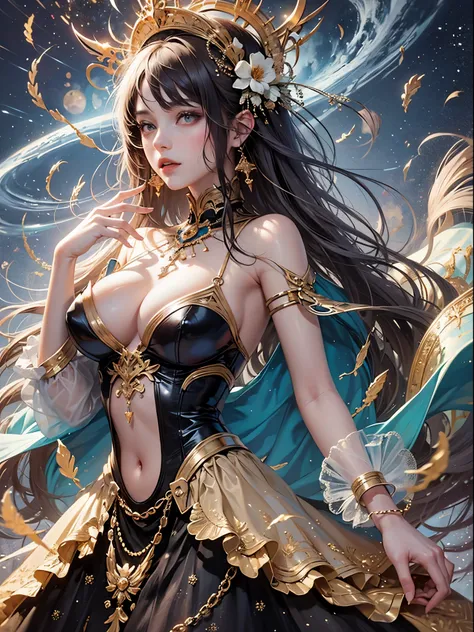 art, Unity 8k壁纸, Ultra-detailed, Beautiful and aesthetically pleasing, (s fractal art: 1.3),  flower, girls, (Hairstyles: Long hair) Ocean, Extremely detailed, Cowboy shot, The most beautiful, Seafoam, Buble, cute big breasts, ultra quality, random backgro...