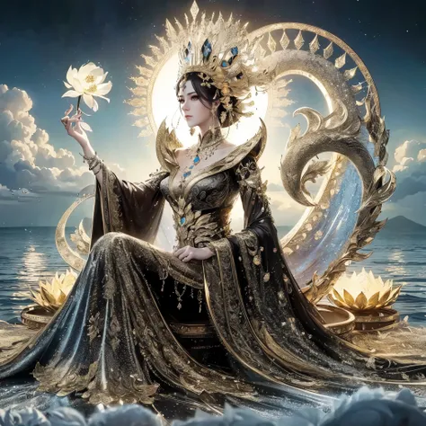 a woman with gigantic breast sitting on a throne with a lotus flower in her hand, a beautiful fantasy empress, ((a beautiful fan...