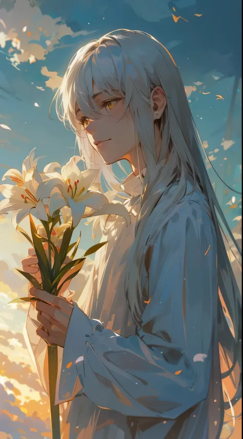 beautiful young man, long white hair, white blouse, yellow eyes, holding a white cluster amaryllis in his hand, standing under a beautiful morning sky, soft morning light, calm and romantic atmosphere,high quality, amount of drawing, pixiv illustration