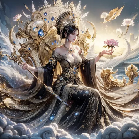 a woman with gigantic breast sitting on a throne with a lotus flower in her hand, a beautiful fantasy empress, ((a beautiful fantasy empress)), gilded lotus princess, queen of the sea mu yanling, goddess. extremely high detail, a stunning portrait of a god...