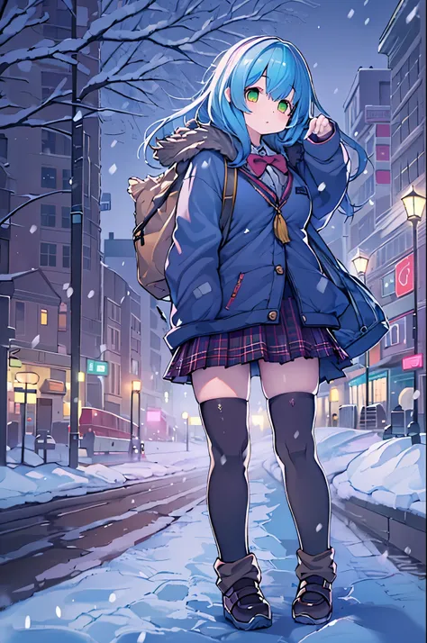 Best Quality,超A high resolution,1girl in,Solo,Full body,Snow,city,, Blue hair,Green eyes,nffsw,School uniform,bbw、Night