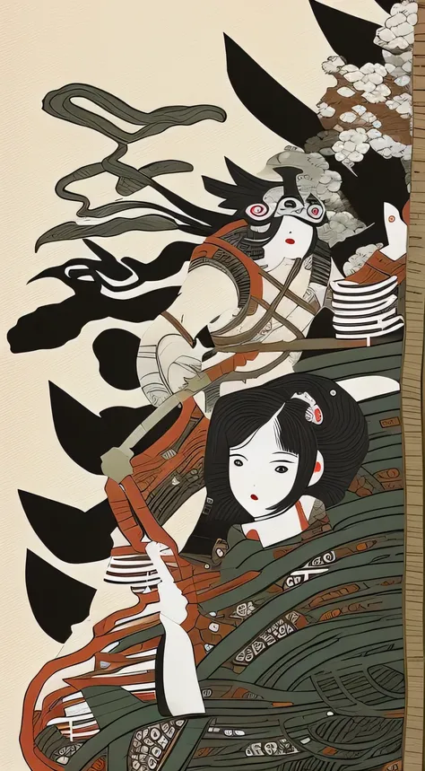 Japanese mythological style，dream-state，Cthulhu，Ink painting and watercolor，Fish flags，Kimono woman