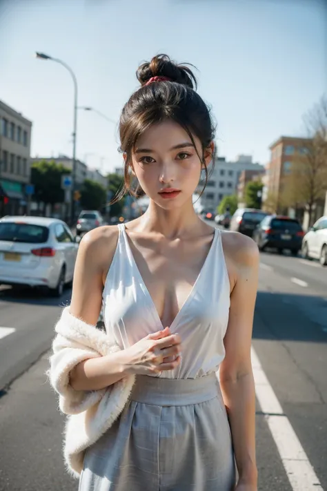 ((Best quality at best)), ((tmasterpiece)), (Detailed pubic hair), natural face，Formal attire，Commissioners are explaining，femele，Hair tied up，中景 the scene is，Traffic in the background