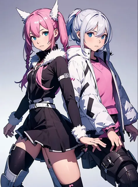 A girl with pink hair and black boots stands in front of a white background。。。。。。。, {{1 girl in}}, pink twintail hair and cyan eyes, Humanoid pink girl, Madoka Kaname, anime moe art style, best anime character design, anime monster girl, High quality anime...