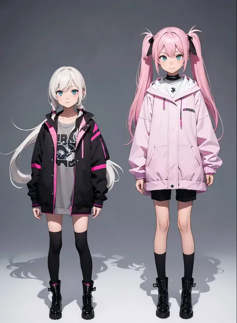 A girl with pink hair and black boots stands in front of a white background。。。。。。。, {{1 girl in}}, pink twintail hair and cyan eyes, Humanoid pink girl, Madoka Kaname, anime moe art style, best anime character design, anime monster girl, High quality anime...