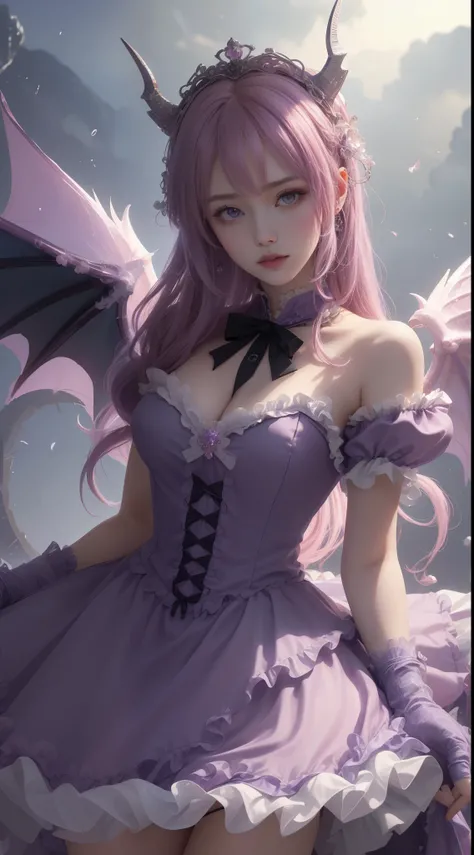 tmasterpiece，Highest image quality，The beautiful bust of a noble dragon lolita，Exquisite pinkish purple hairstyle，obsidian eyes，Gorgeous and sophisticated Lolita dress，Lolita little dress，A pair of dragon horns and huge dragon wings，sceptre，超级无敌flatchest，U...