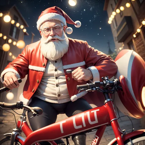 Create a voucher for a Bicycle made by Santa Claus, it should contain a space to include the photograph of the bicycle. Santa Claus must look like a Pixar character. And the image should delight a child