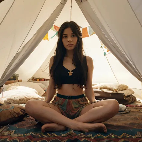 Black haired hippie in a tent, 60s style, crop top and barefoot