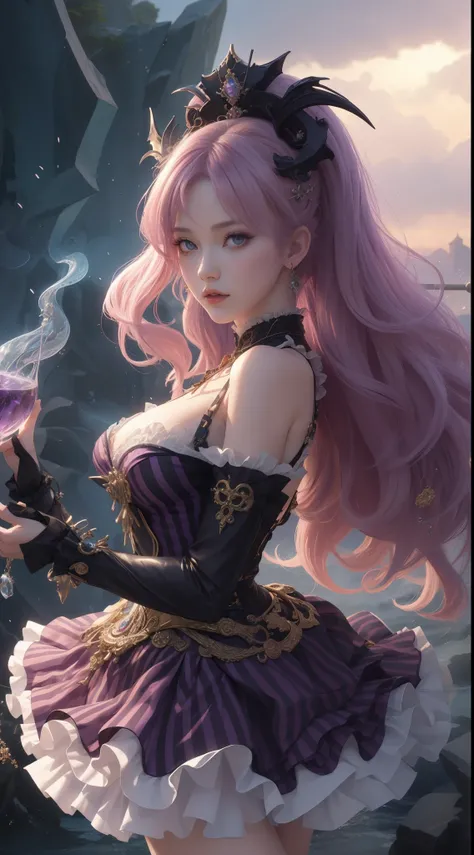 tmasterpiece，Highest image quality，The beautiful bust of a noble dragon lolita，Exquisite pinkish purple hairstyle，obsidian eyes，Gorgeous and sophisticated black lolita dreslack striped lolita skirt，A pair of dragon horns and huge dragon wings，Gorgeous pala...