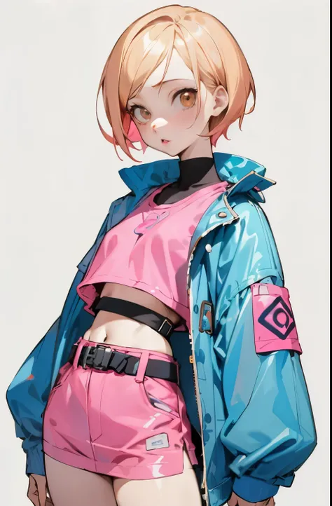 (masutepiece, best quality) detailed, 1character , blue archive art style , wearing a baby blue jacket, pink belt , outfits insp...