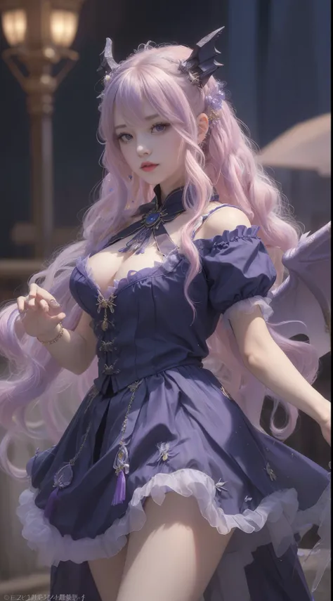 tmasterpiece，Highest image quality，The beautiful bust of a noble dragon lolita，Exquisite purple-pink hairstyle，obsidian eyelatchest束胸，Gorgeous and sophisticated black lolita dreslack striped lolita skirt，A pair of dragon horns and huge dragon wings，Gorgeou...