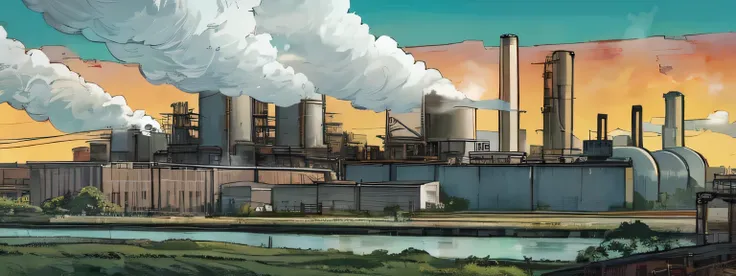 冒烟的Mills的漫画, Mills背景, industrial complex, industrial surrounding, industrial environment, Mills and nature, Matte Painting Comic Book Art, industrial factory, chimneys, industrial plant environment, industrial gotham city, industrial setting, industries, M...