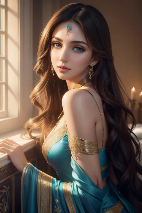 Face of kiara advani ,(best quality:1.2,ultra-detailed,photorealistic:1.37),beautiful woman,blue eyes,(elegant,long-flowing,flowy:1.1) hair,sexy, golden ratio, intricate details, natural beauty, vibrant colors, soft lighting