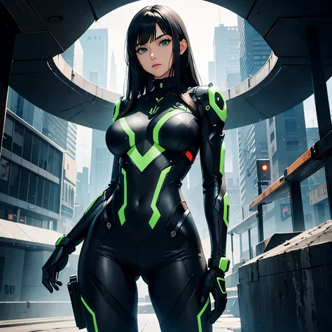 Black hair, green eyes, cybernetic bodysuit with armor, military girl, large breasts, slender figure, Aliens setting.