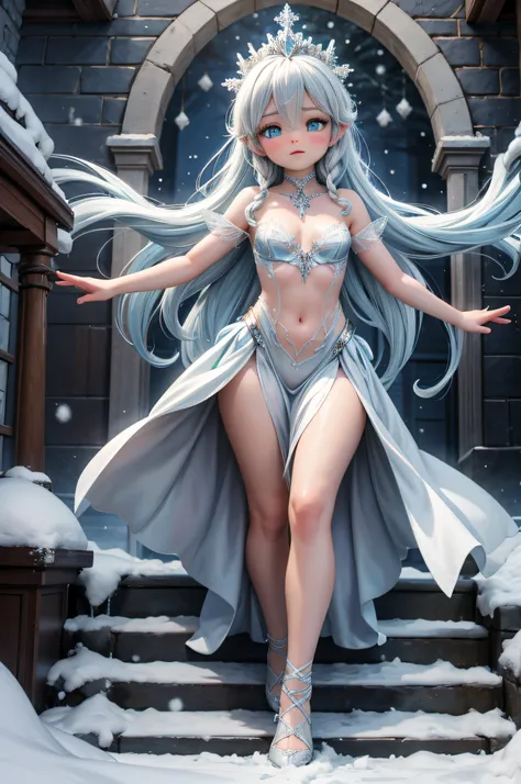 In the enchanting wintry landscape, Elsa, the Snow Queen, takes center stage, exuding grace at the base of a magnificent  staircase. Nude, she commands attention. As she elegantly raises her arms, a mesmerizing flurry of snowflakes dances around her, addin...