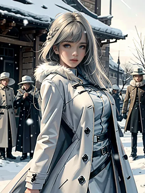 (highest resolution, distinct_image) Best quality, single person, one girl, solo, masterpiece, highly detailed, realistic, long hair, braided white blond hair, banglue military uniform underneath coat), depth of field, outdoor background, falling snow, ((b...