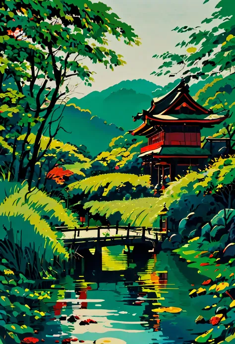 best quality、masutepiece、8k、landscape painting、torii gate、(shrines、musgo:1.5)、the woods、a river