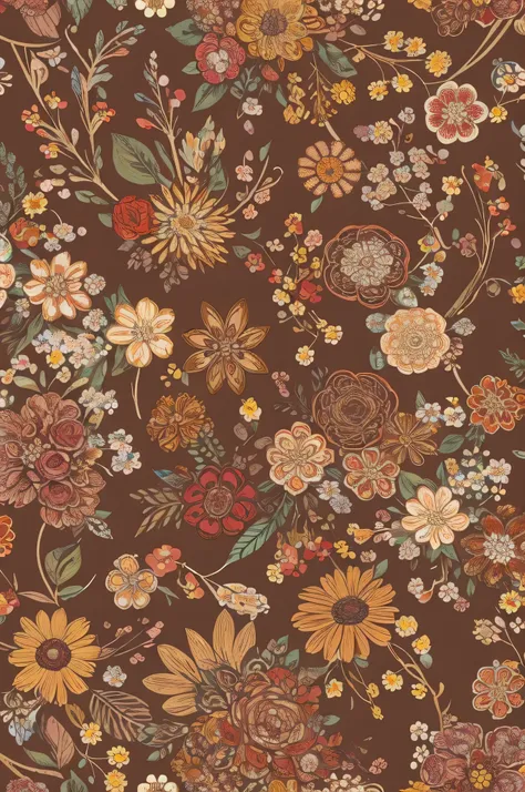 a automne colors blanket with flowers on it, floral flowers colorful, patchy flowers, seamless fabric pattern 8k, background full of brown flowers, garden flowers pattern, brown flowers, floral patterned skin, colored flowers, many flowers, background chao...