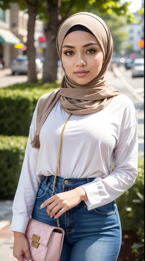 RAW, Best quality, high resolution, Masterpiece: 1.3), Beautiful Malay woman in hijab, Masterpiece, Perfect body, Beautiful big eyes, watery eyes, Soft smile, wet lips, big breast, woman standing on a crosswalk with a purse and a handbag, wearing a designe...