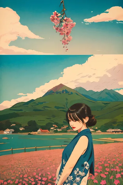 Ukiyo-e style　landscapes　pop music　colourfull　Printmaking style　starrysky