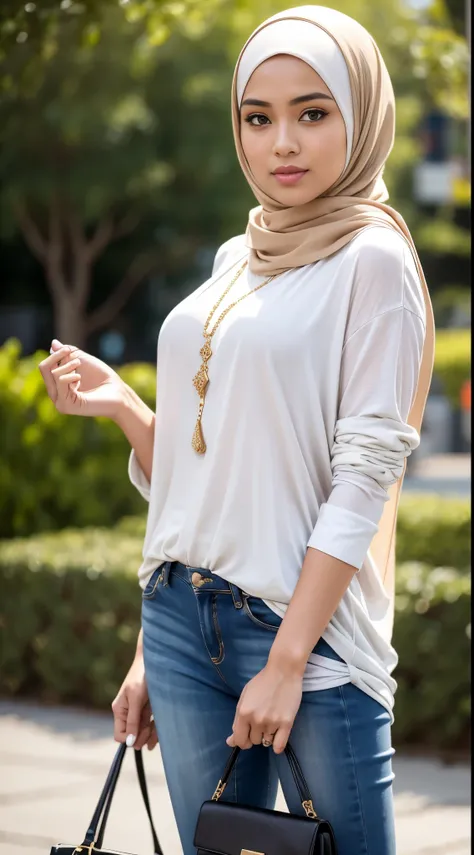 RAW, Best quality, high resolution, Masterpiece: 1.3), Beautiful Malay woman in hijab, Masterpiece, Perfect body, Beautiful big eyes, watery eyes, Soft smile, wet lips, big breast, woman standing on a crosswalk with a purse and a handbag, wearing a designe...