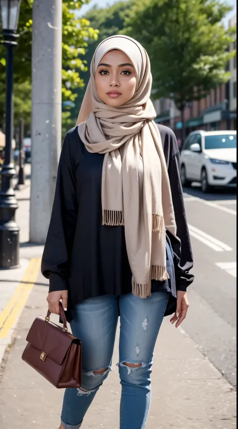 RAW, Best quality, high resolution, Masterpiece: 1.3), Beautiful Malay woman in hijab, Masterpiece, Perfect body, Beautiful big eyes, watery eyes, Soft smile, wet lips, big breast, woman standing on a crosswalk with a purse and a handbag, wearing a designe...