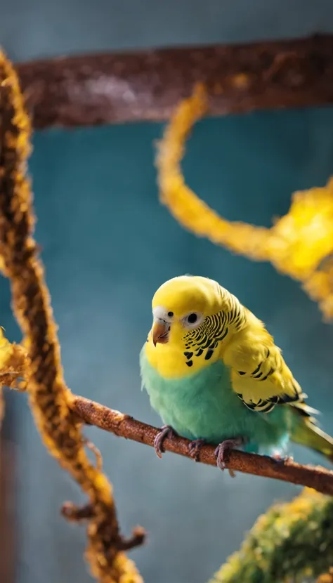 (budgie),(little bird),yellow color, very cute, christmas,in the room,bird photo, best quality, masterpiece, 8K