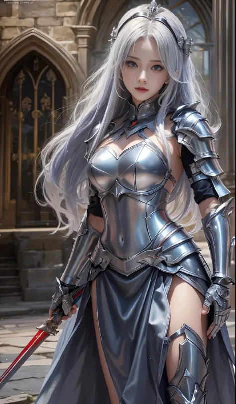 tmasterpiece，highest image quality，beautiful bust of a noble female knight，exquisite silver-white long hair，red color eyes，清澈的re...