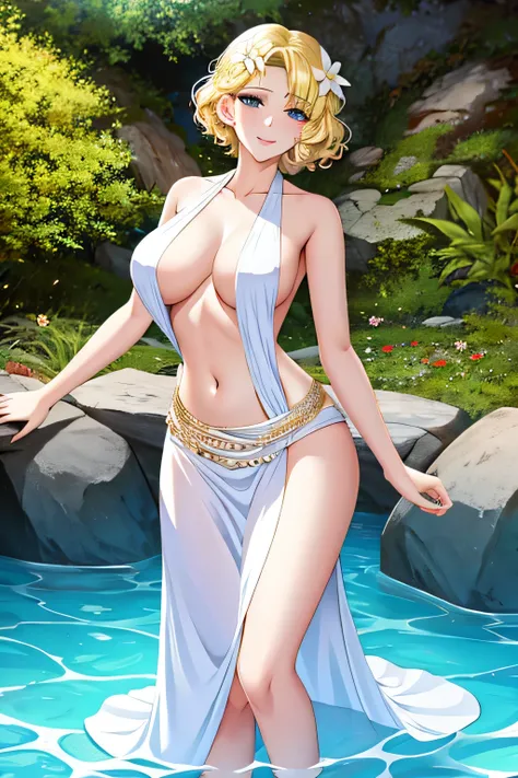 1girl, aphrodite,white dress,hair flower,blonde hair,onsen,partially submerged,large breasts,navel,shiny skin,short hair,(mature female:1.2),belly, smile, shy,full body