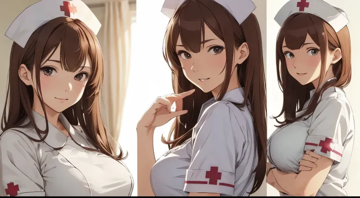 ((Best Quality)), ((masutepiece)), (Detailed), Perfect face, 1 cute girl:1.1, detailed eyes, open clothes, puffy areola, nurse, nurse uniform, brown hair, embarrassed