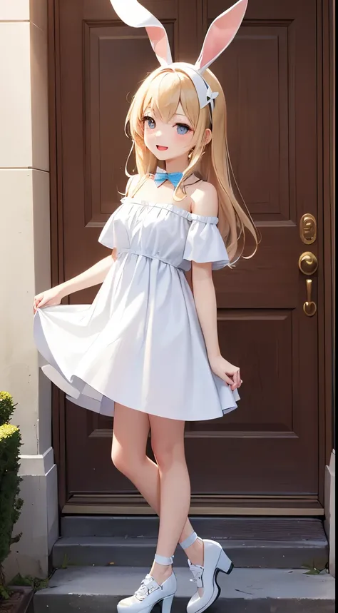 Beautiful posture。ingenious。Cute girl with bunny ears。Lively and cheerful，Cute clothes for pure white girls。White dress royal blue platform shoes