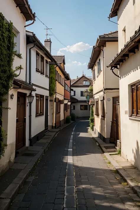 German traditional houses background alley. Early morning, still a bit dark. the sky is clear. I can see the sky clearly