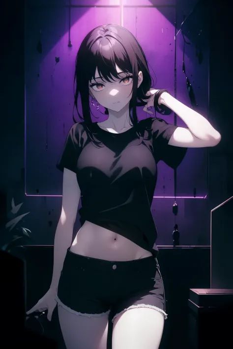 ((((Obra maestra, La mejor calidad, ultrahigh resolution)))), a clear view of a happy looking girl standing in a club waiting for someone)), (black t-shirt, jean shorts, black hair, long dark black hair), pale skin, ((brown eyes)), (glowing_eyes), (ultra d...