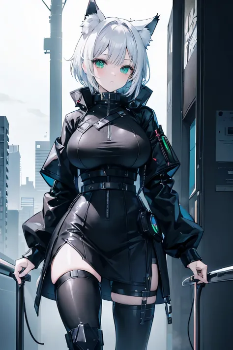 cat girl,cat ears,fluffy white tail,short hair,white hair,green eyes,there is a woman with big breasts and massive hips in a corset and a black and blue coat, humble outfit, wearing techwear and armor, cyberpunk outfit, intriguing outfit, all black cyberpu...