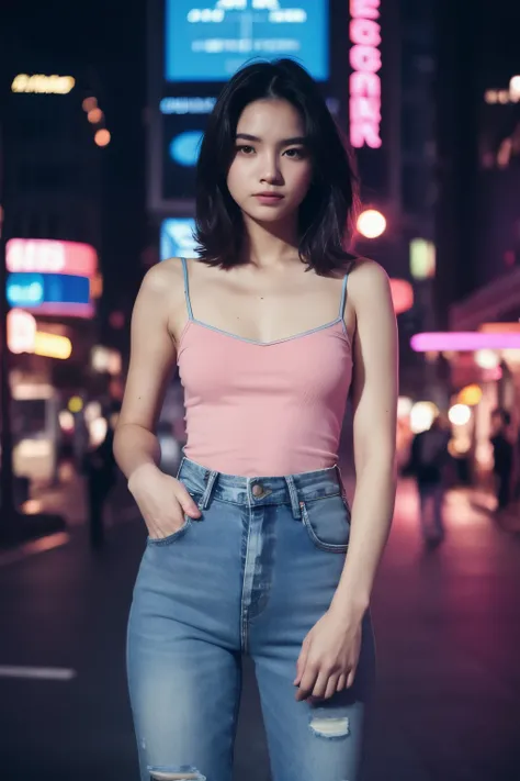 portraite of a woman, (camisole, denim pant), Just look at the audience, Chopping, Night Street, buliding, neon lights in background, (Pink and blue theme:1.2)