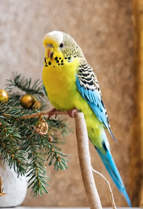 (budgie),(little bird),yellow color, very cute, christmas,in the room,bird photo, best quality, masterpiece, 8K