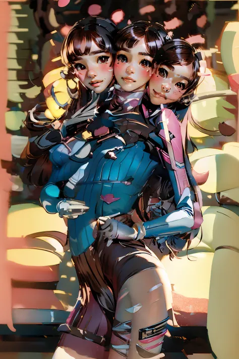 (masterpiece, best quality), best resolution, (2heads:1.5), 1girl,  d.va (overwatch), solo, long hair, whisker markings, bodysuit, brown hair, facial mark, gloves, breasts, brown eyes, pilot suit, cowboy shot, headphones, white gloves, medium breasts, swep...