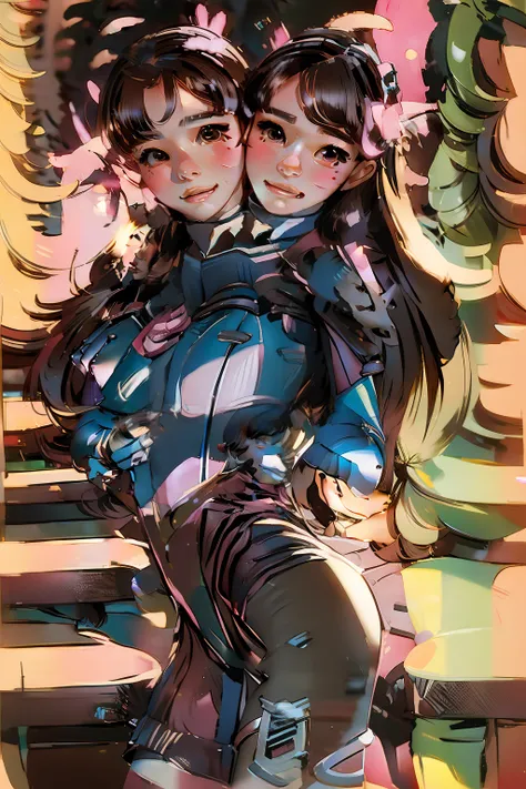 (masterpiece, best quality), best resolution, (2heads:1.5), 1girl,  d.va (overwatch), solo, long hair, whisker markings, bodysuit, brown hair, facial mark, gloves, breasts, brown eyes, pilot suit, cowboy shot, headphones, white gloves, medium breasts, swep...