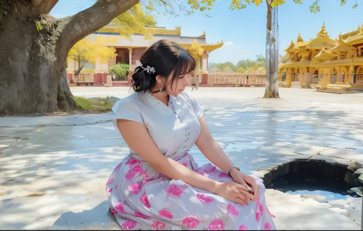 there is a woman sitting on a bench in a park, in front of a temple, in front of the temple, in a temple, temples behind her, at an ancient city, temple in the background, profile image, nivanh chanthara, photo taken with canon 5d, sitting on temple stairs...