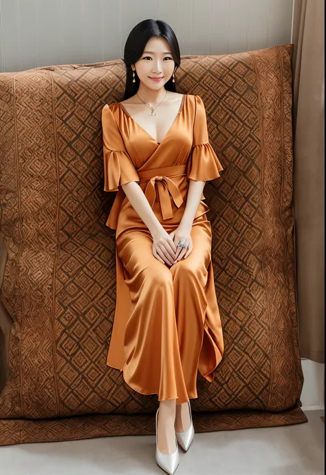 A Chinese beauty, 45 years old, mature and elegant, wearing yellow mulberry silk clothing, full body, real, photo --auto --s2