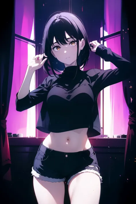 ((((Obra maestra, La mejor calidad, ultrahigh resolution)))), a clear view of a happy looking girl standing in a club waiting for someone)), (black t-shirt, jean shorts, black hair, long dark black hair), pale skin, ((brown eyes)), (glowing_eyes), ((ultra ...